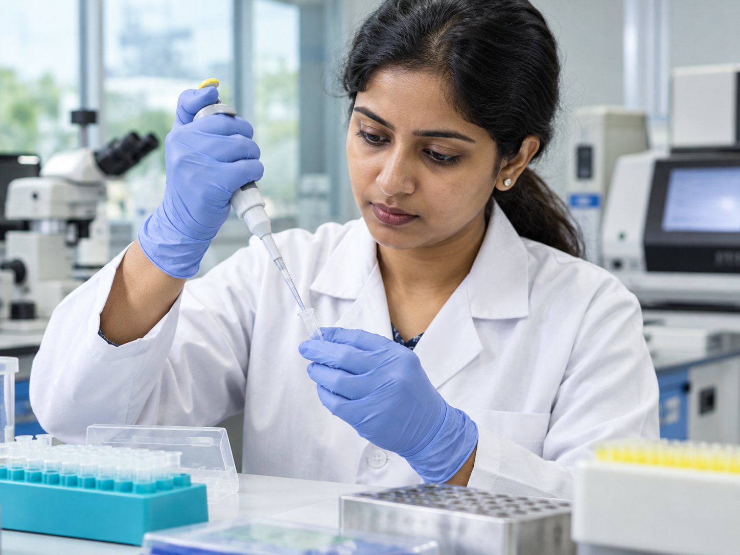 Laboratory scientist analysing an endometrial biopsy sample