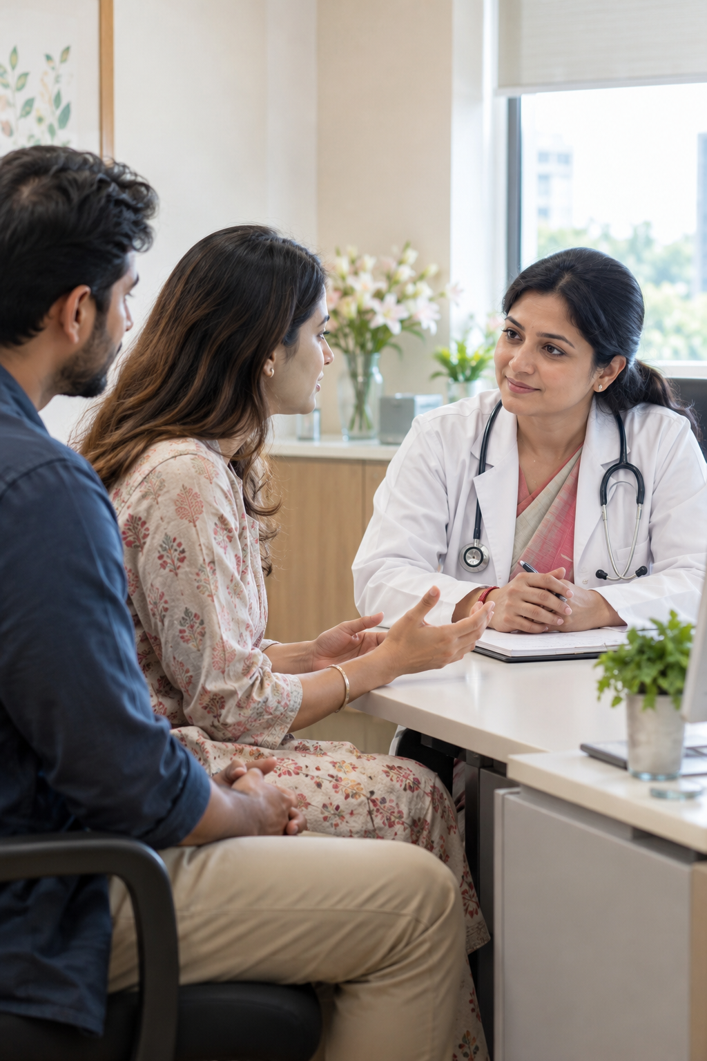 Woman and her partner discussing fertility care with a clinician