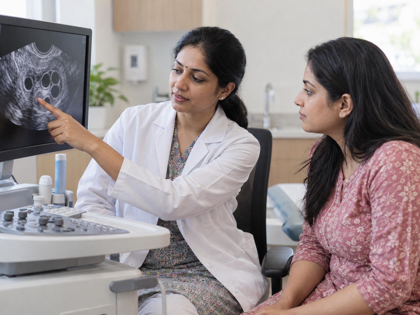 Fertility specialist reviewing an ovarian follicle scan with a patient