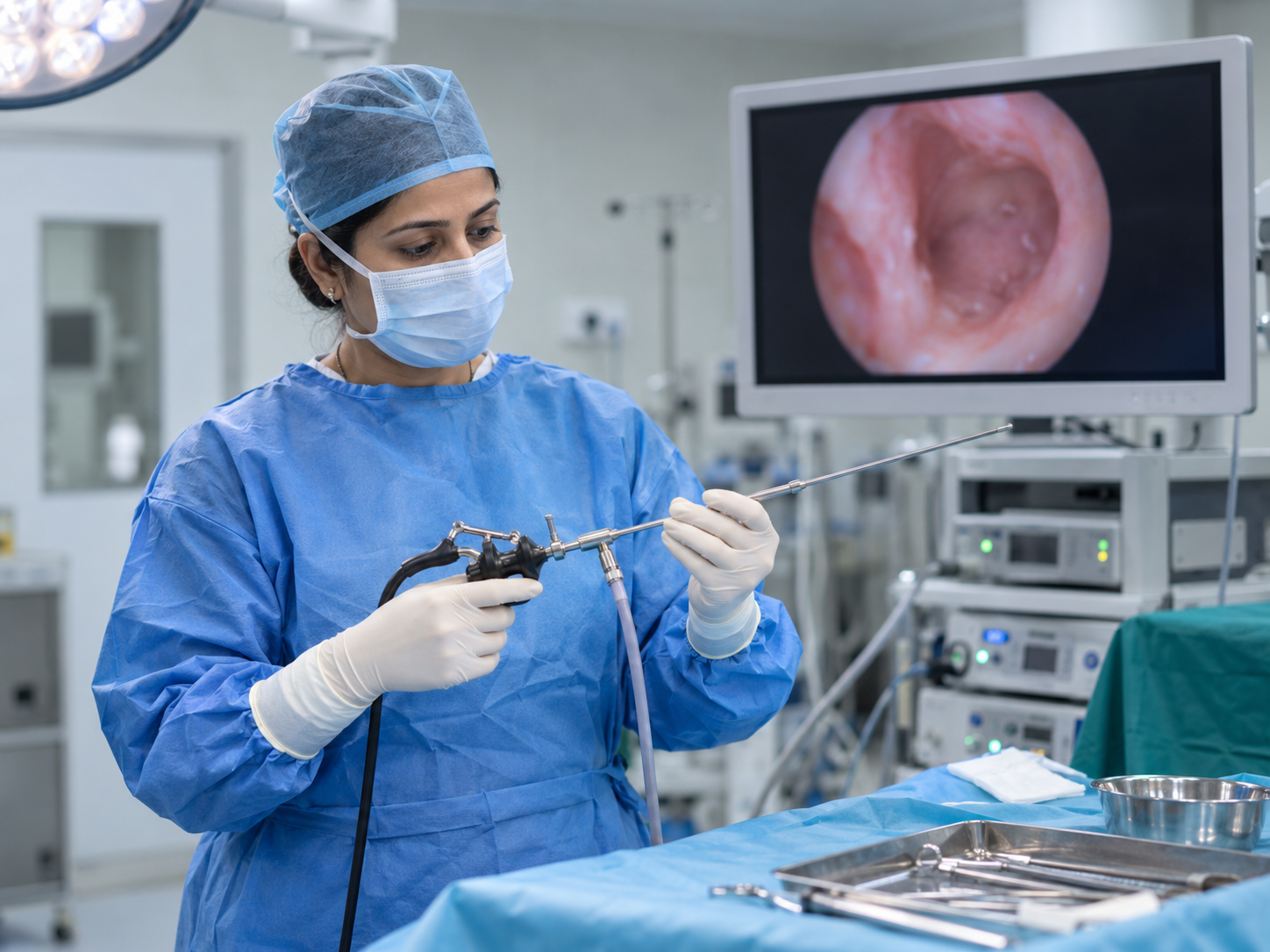 Gynecologic surgeon preparing a hysteroscope in an operating room