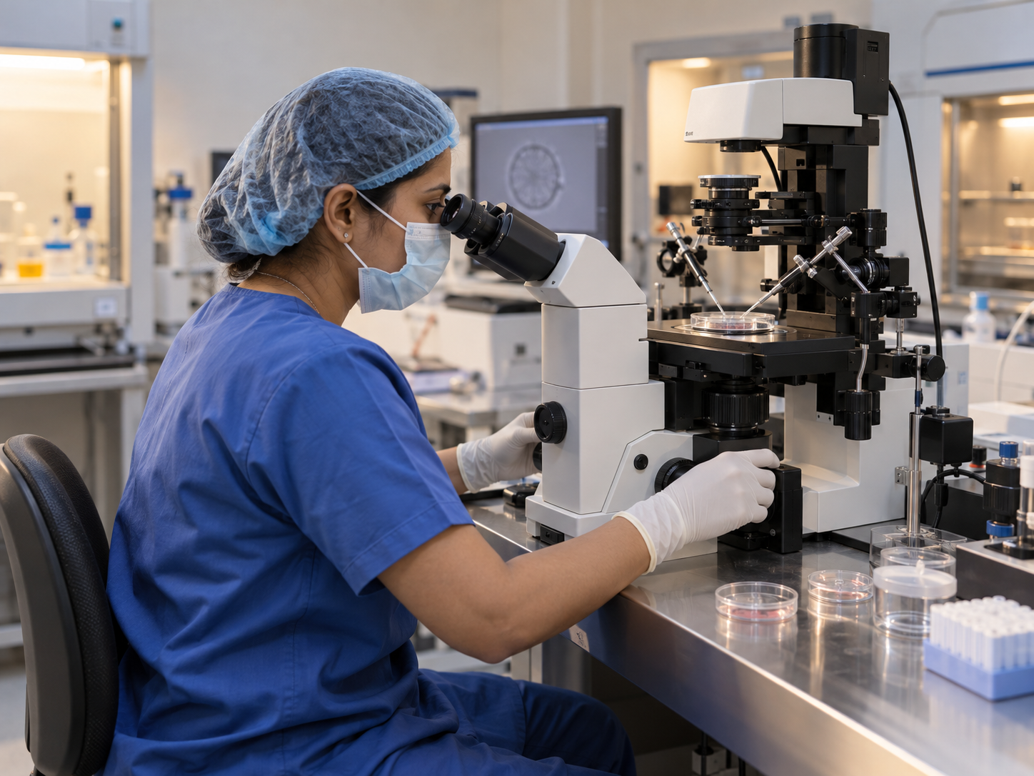 Embryologist working at an ICSI microscope in an IVF laboratory