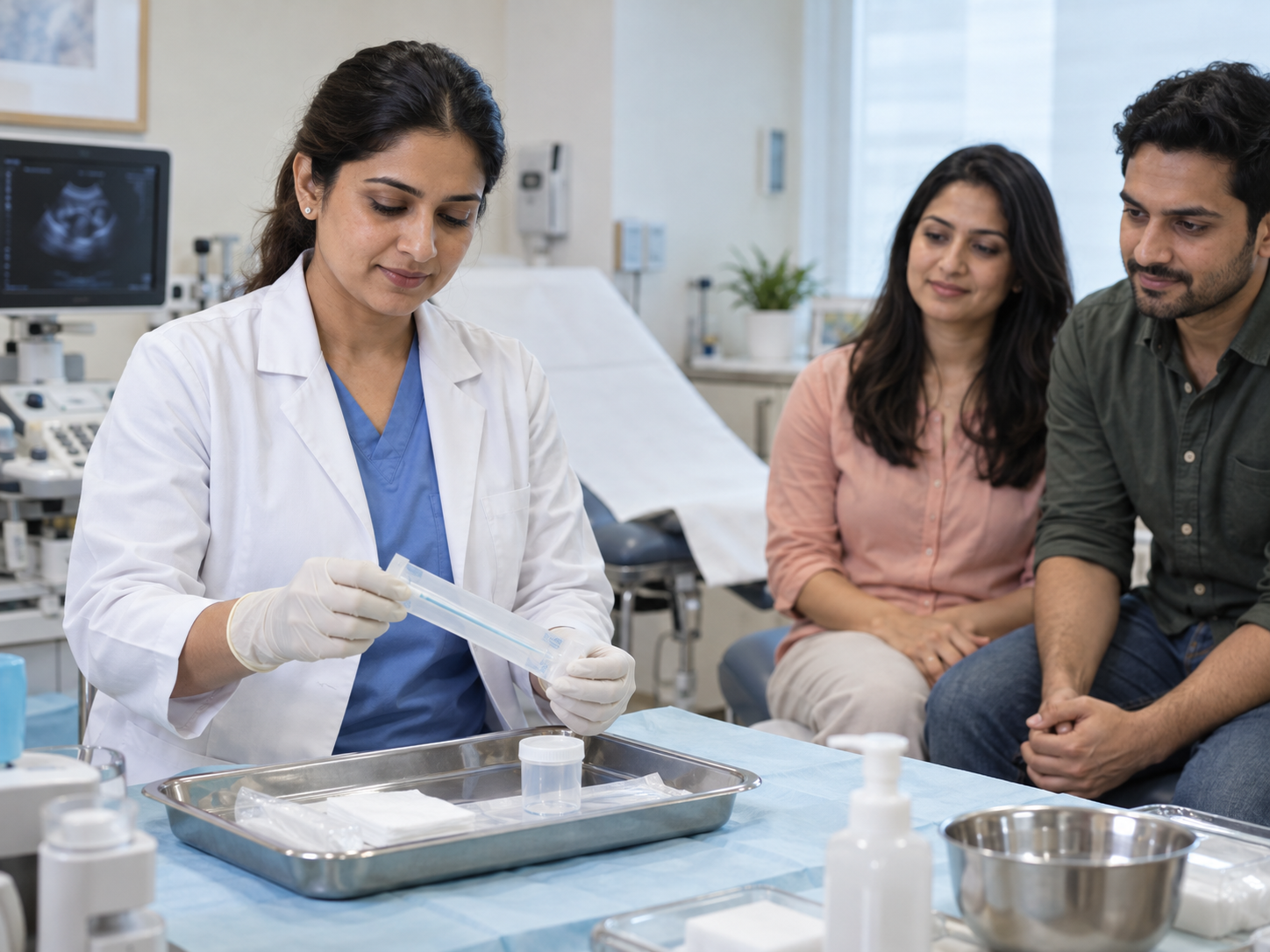 Fertility clinician preparing an IUI catheter before treatment