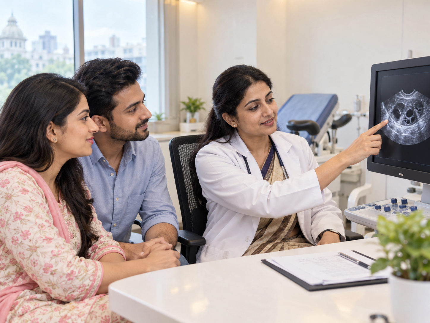Fertility specialist discussing an ultrasound scan and IUI timing with a couple
