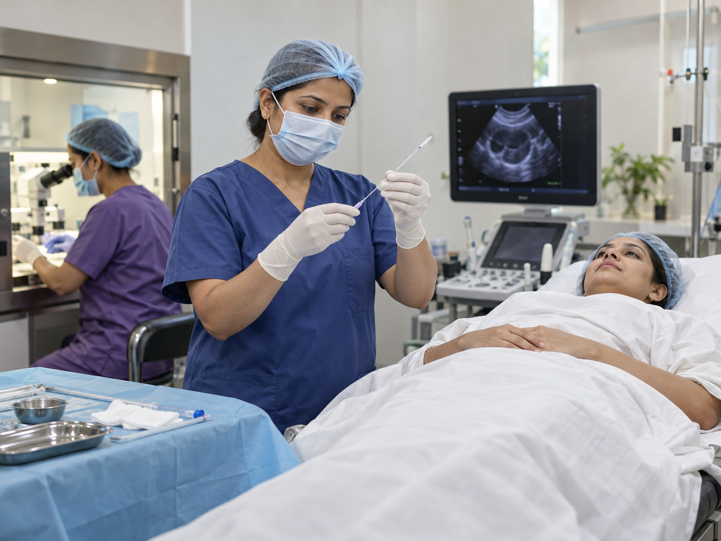 Fertility team preparing a soft catheter for embryo transfer