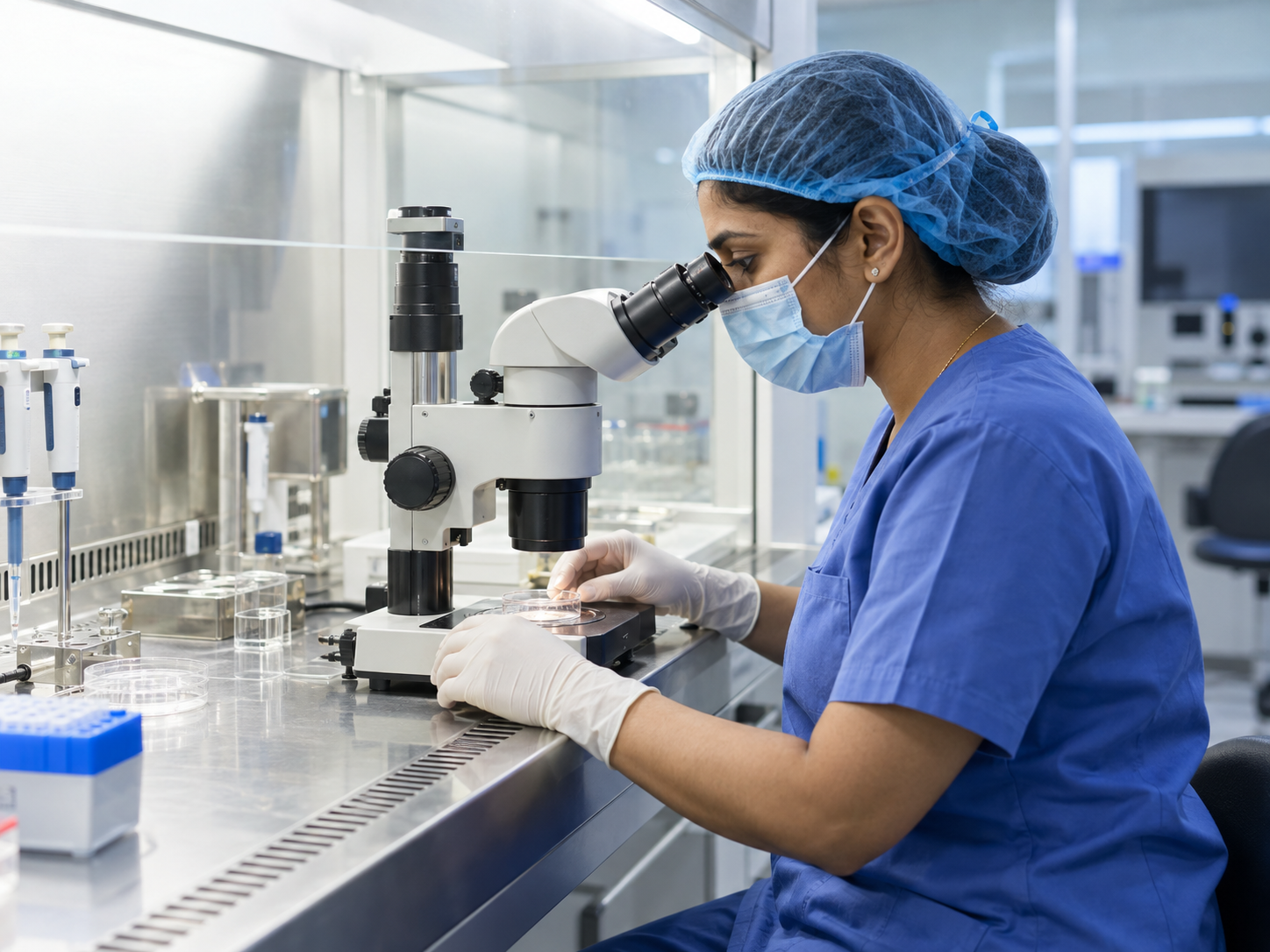 Embryologist checking a culture dish in an IVF laboratory