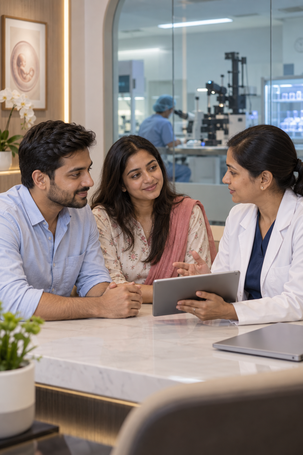 Couple discussing a personalised IVF plan with a fertility specialist
