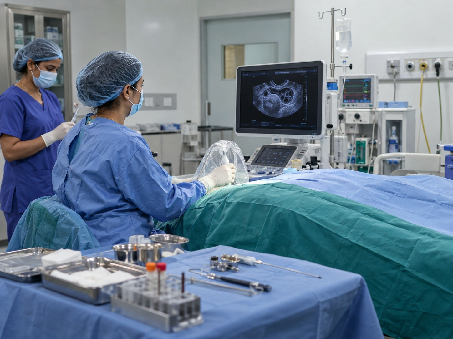 Clinical team preparing for ultrasound guided egg retrieval