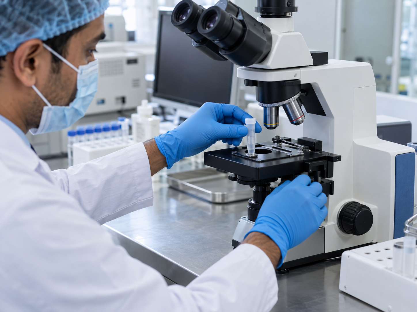 Scientist preparing a sample for semen analysis under a microscope
