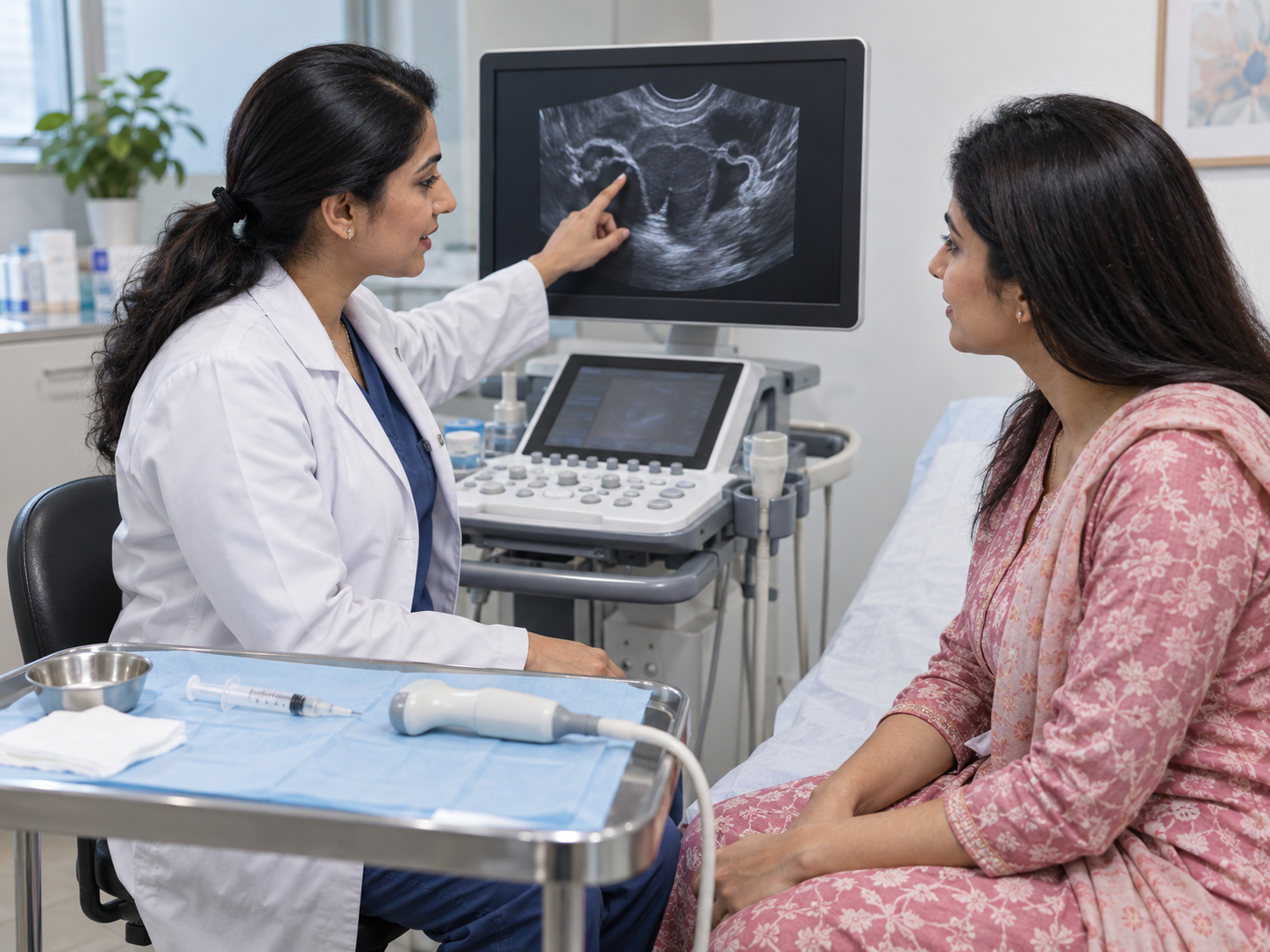 Fertility clinician reviewing a tubal patency ultrasound with a patient