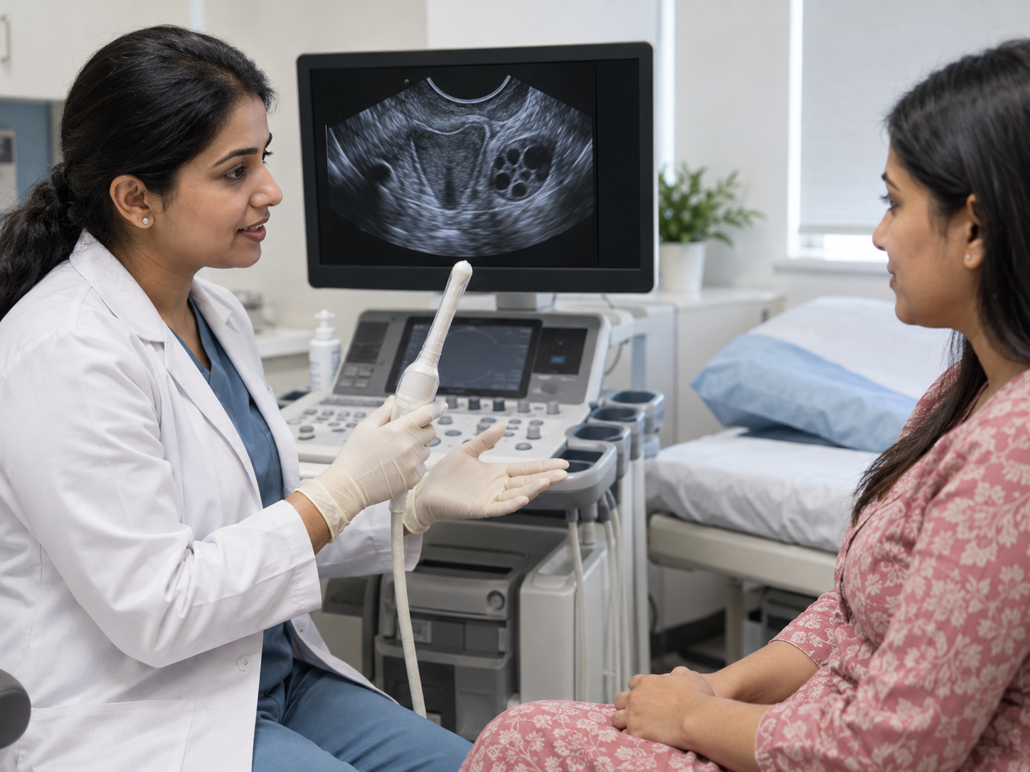 Clinician explaining a transvaginal ultrasound probe and scan to a patient